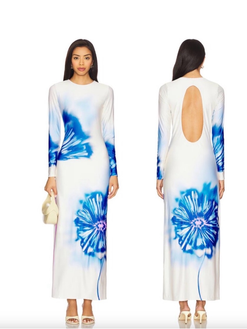 White Maxi Dress with Blue Floral Print and Long Sleeves